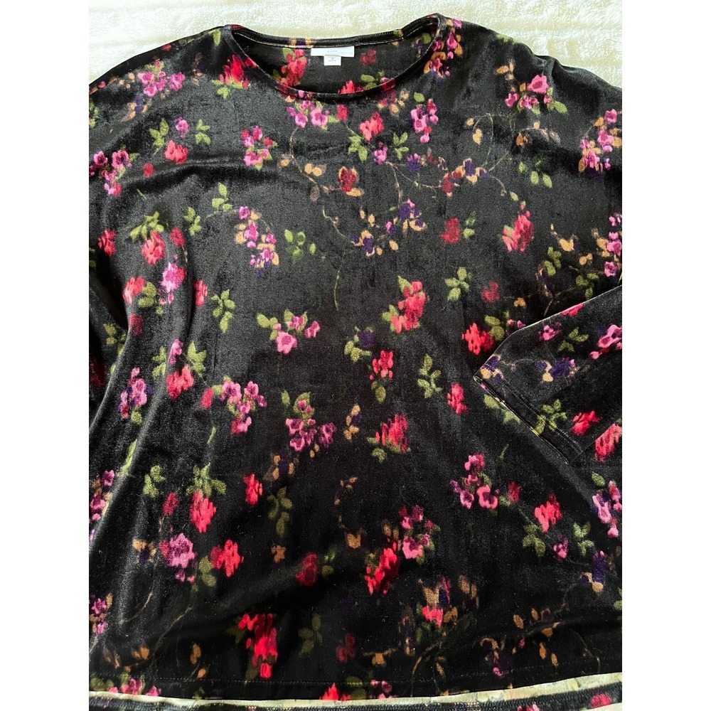 J. Jill Floral Velvet Top Womens Size PL Black Long Sleeve Relaxed Fit Stretch‎
